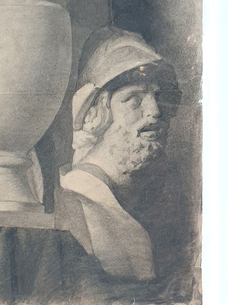 Large Academic Drawing in the Antique Style 62 x 47 cm - Draped Bas-Relief - Bust - Vase J. Carrère 1892