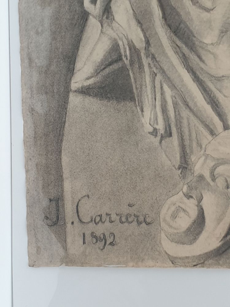 Large Academic Drawing in the Antique Style 62 x 47 cm - Draped Bas-Relief - Bust - Vase J. Carrère 1892