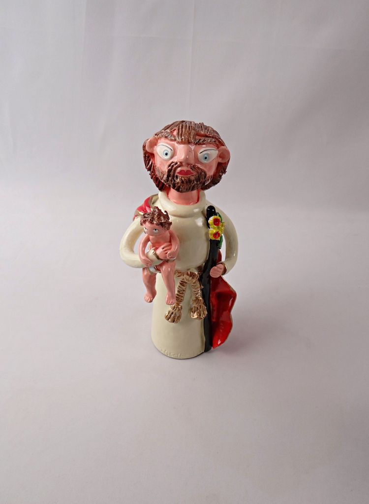 Der heilige Josef mit der Lilie und dem Jesuskind aus Terrakotta, signiert von Irene Salgueiro