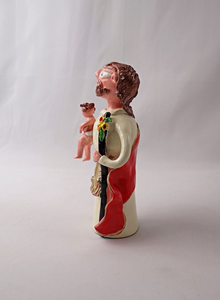 Der heilige Josef mit der Lilie und dem Jesuskind aus Terrakotta, signiert von Irene Salgueiro