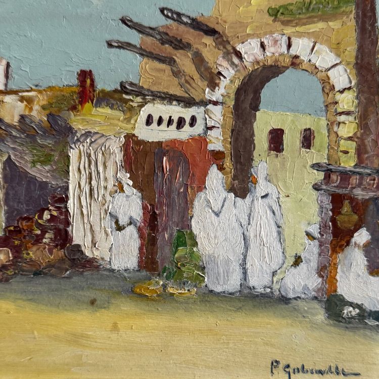 Oriental oil on cardboard, applied with a palette knife, by P. Gobewille