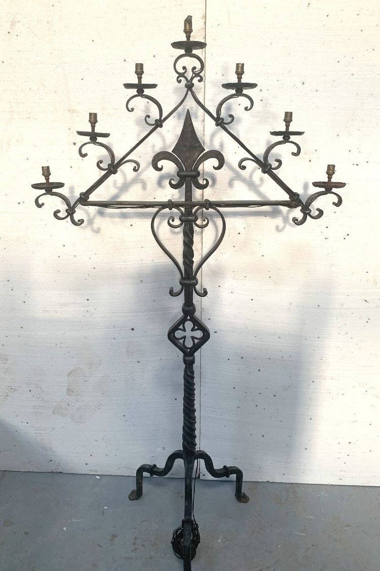Hammered Iron Candlestick with Seven Light Points, 20th Century