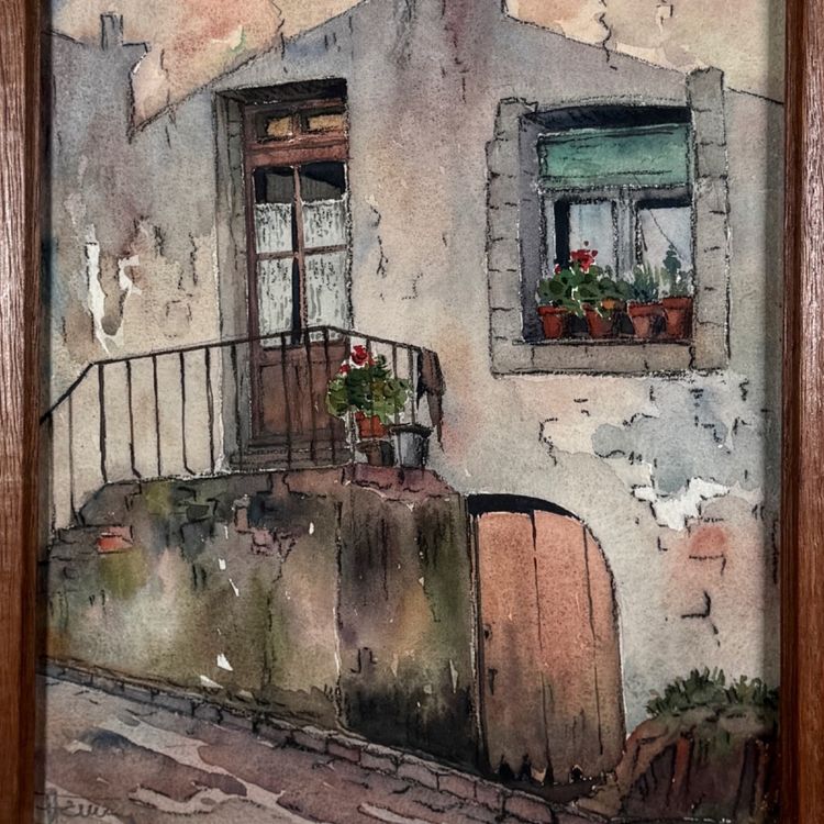 Watercolor on paper depicting the entrance to a house from the early 20th century