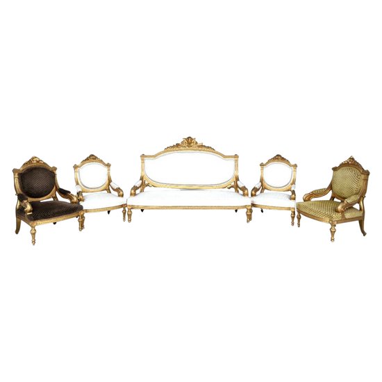 Napoleon III period Louis XVI style gilded wood living room sofa and 4 armchairs