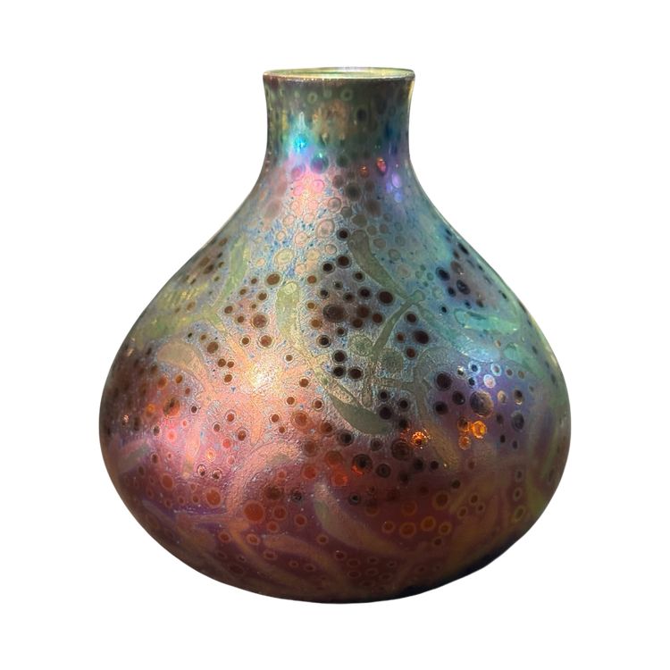 Vase „Golfe-Juan“ von Clément Massier, irisierende Keramik mit Ocellated-Dekor, 9 cm