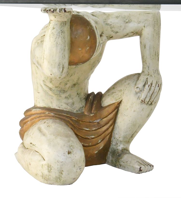 Coffee table with two figures holding a glass tray
