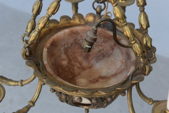 Gilded Bronze Chandelier, Cut Crystal and Alabaster Cups By Lelièvre Fonte Susse
