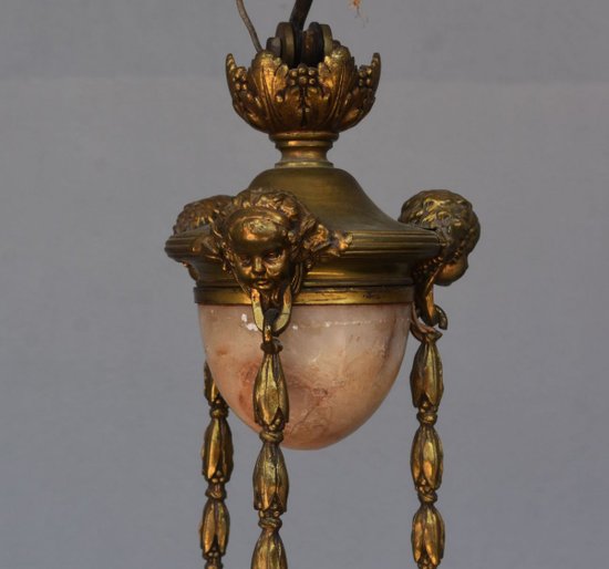 Gilded Bronze Chandelier, Cut Crystal and Alabaster Cups By Lelièvre Fonte Susse