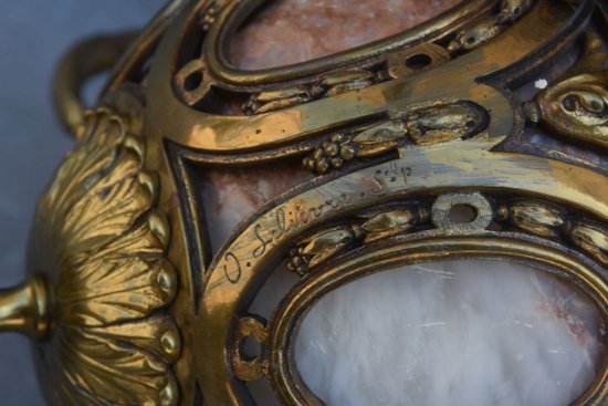 Gilded Bronze Chandelier, Cut Crystal and Alabaster Cups By Lelièvre Fonte Susse