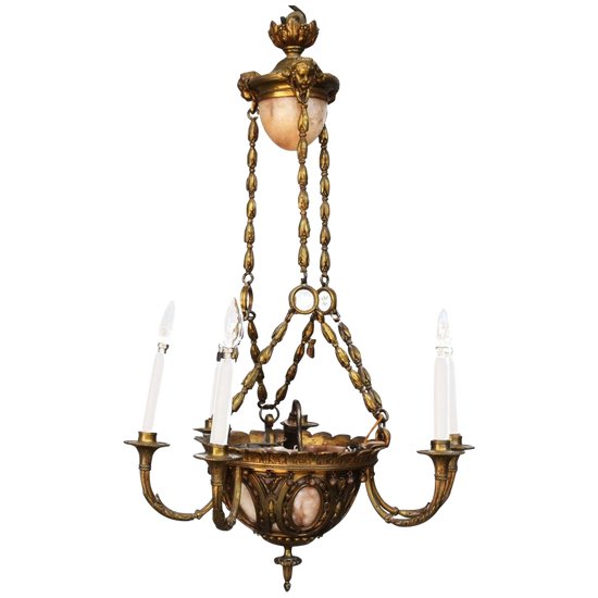 Lustre En Bronze Doré, Cristal Taillé Et Coupes En Albâtre Par Lelièvre Fonte Susse