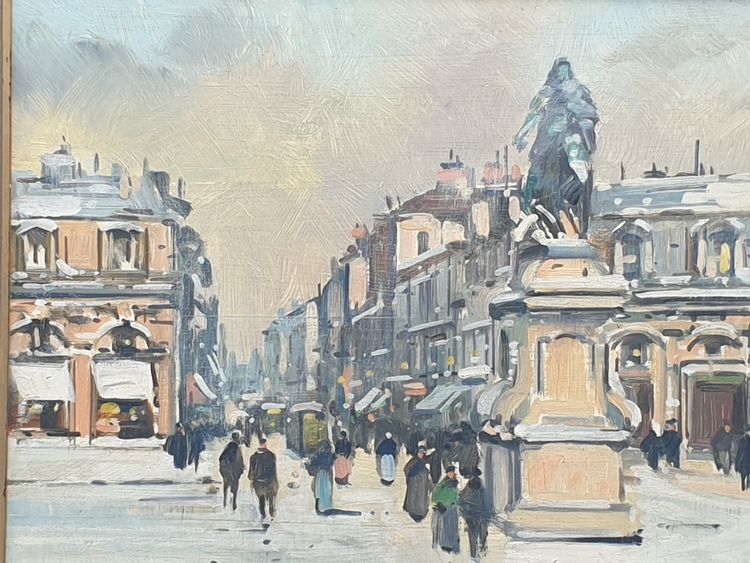 Huile sur panneau de Armand Henri LEROUX - " VILLE SOUS LA NEIGE " XXème  siècle