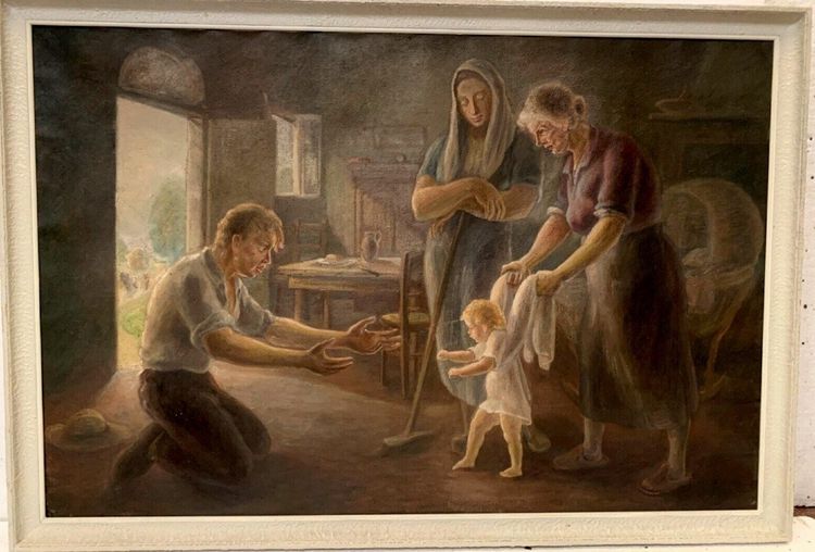 Huile Sur Toile Encadrée "scène Animée " XX Siècle