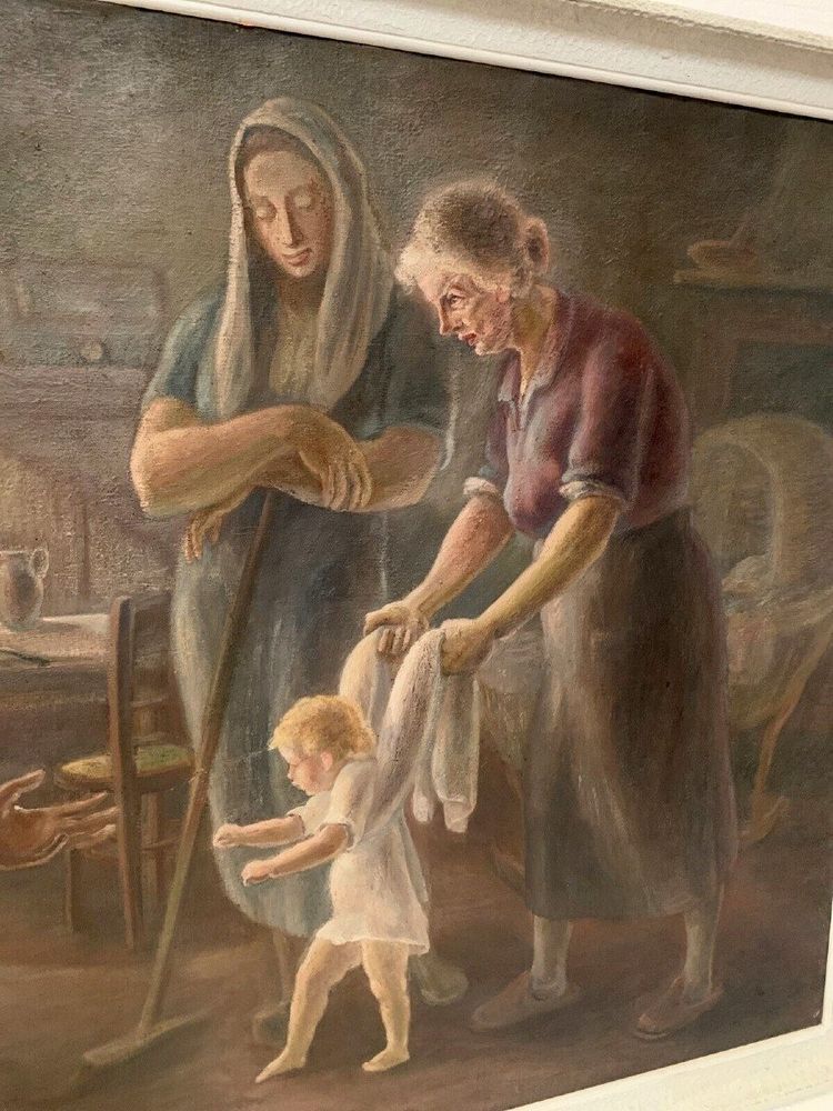 Huile Sur Toile Encadrée "scène Animée " XX Siècle