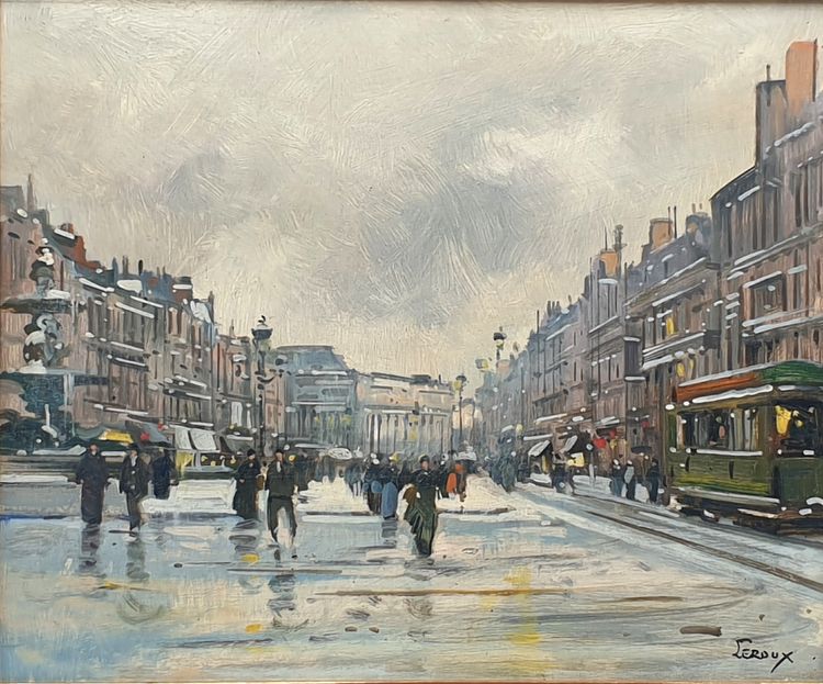Huile sur panneau de Armand Henri LEROUX - " VILLE SOUS LA NEIGE TRAMWAY  " XXème siècle