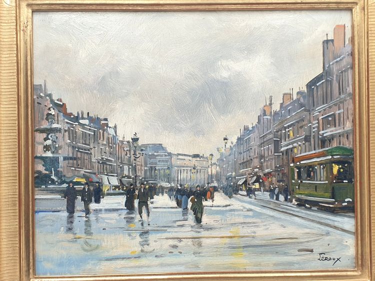 Huile sur panneau de Armand Henri LEROUX - " VILLE SOUS LA NEIGE TRAMWAY  " XXème siècle