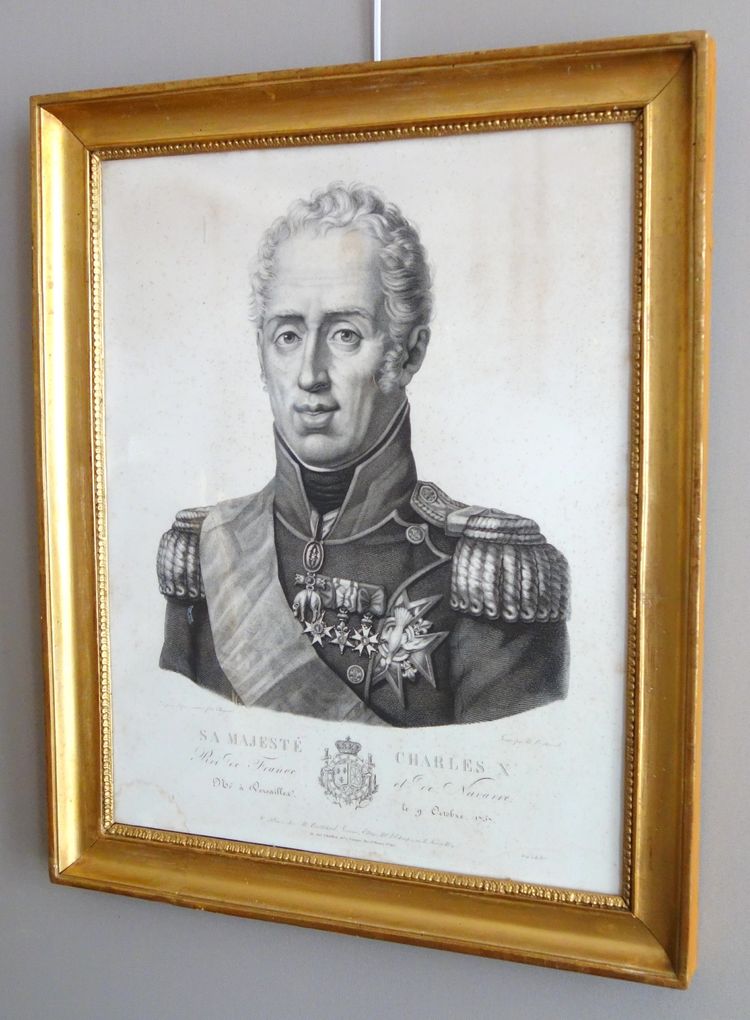 Royalist engraving - portrait of Charles X, King of France and Navarre, giltwood frame, 1820
