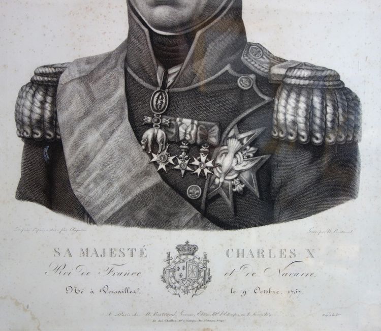 Royalist engraving - portrait of Charles X, King of France and Navarre, giltwood frame, 1820