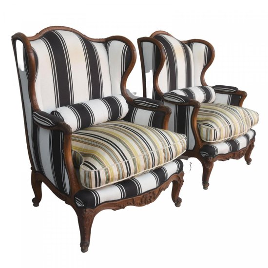 Pair Of Armchairs Bergère à Oreille Style Louis XV In Walnut