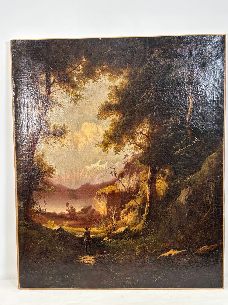 School probably German, Oil on canvas, romantic landscape with traveler, circa 1890-1910