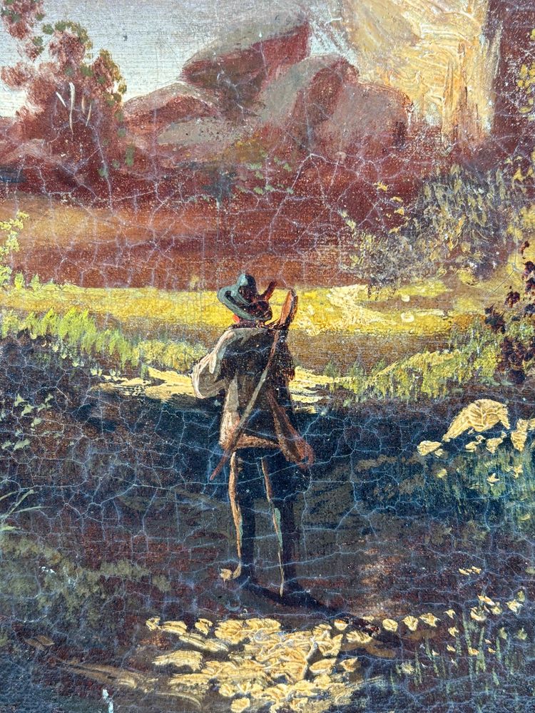 School probably German, Oil on canvas, romantic landscape with traveler, circa 1890-1910