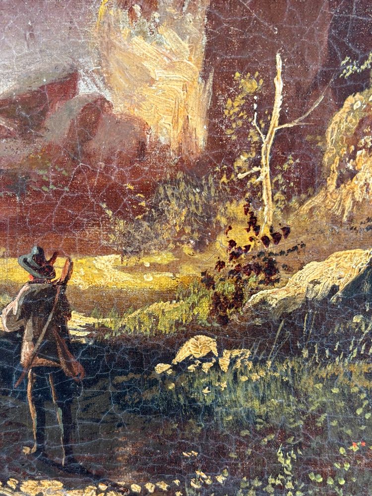 School probably German, Oil on canvas, romantic landscape with traveler, circa 1890-1910