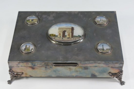 Zigarrenkiste Metall Versilbert Medaillons Paris Painted XIX.