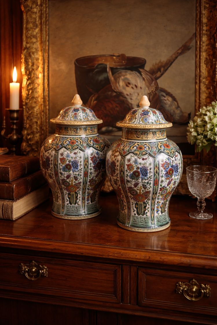 Paire de vases couverts polychromes – Manufacture De Sphinx, Maastricht – XXᵉ siècle