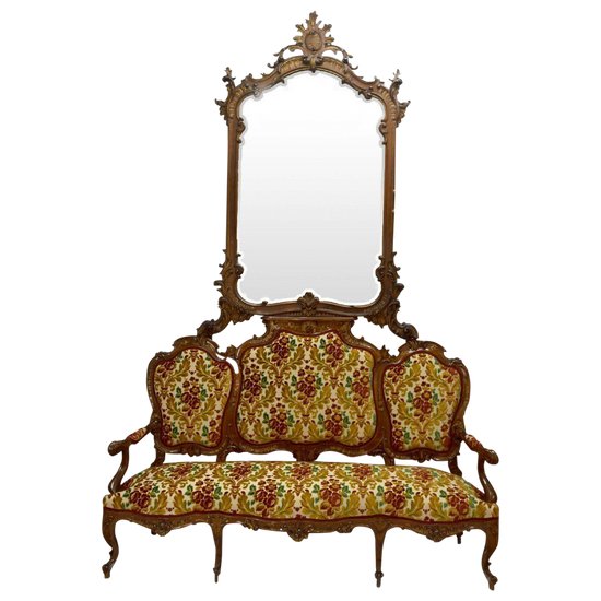 Bench Louis XV style Tapestry And Mirror late 19th century