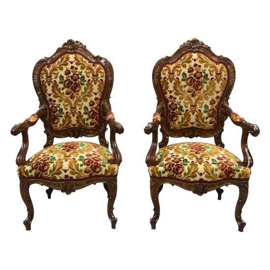 Pair Of Armchairs Walnut Carved Style Louis XV Late 19th century