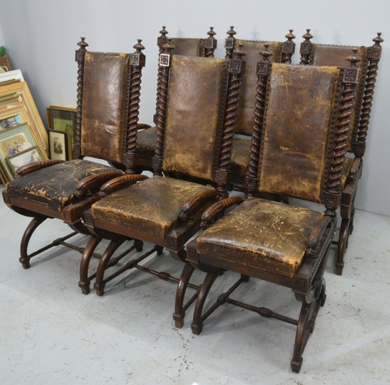 Rare Series Of 6 Walnut Armchairs Of Renaissance Style XIXth