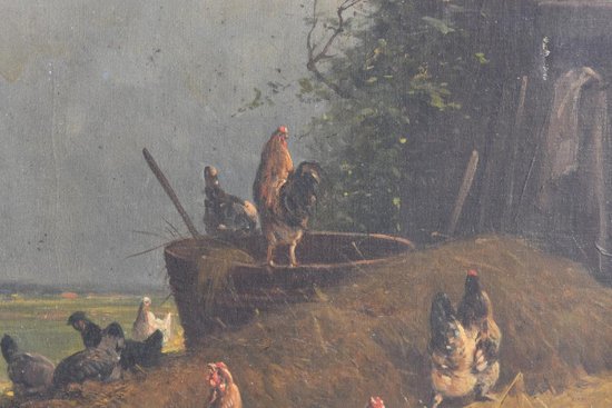 Pair of Oil on Canvas The Low Court With Chickens Signed Cortes Fils