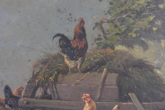 Pair of Oil on Canvas The Low Court With Chickens Signed Cortes Fils