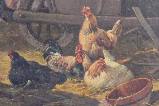 Pair of Oil on Canvas The Low Court With Chickens Signed Cortes Fils