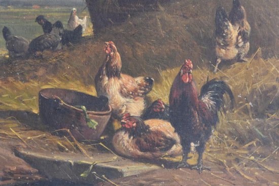 Pair of Oil on Canvas The Low Court With Chickens Signed Cortes Fils