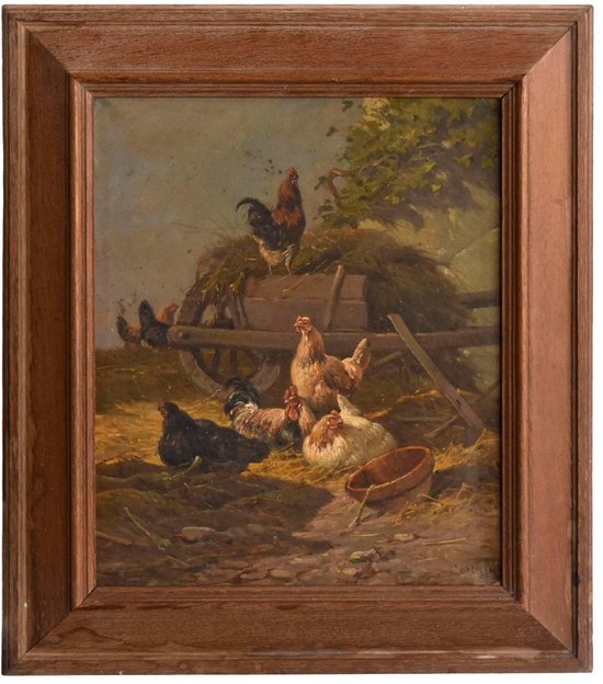 Pair of Oil on Canvas The Low Court With Chickens Signed Cortes Fils