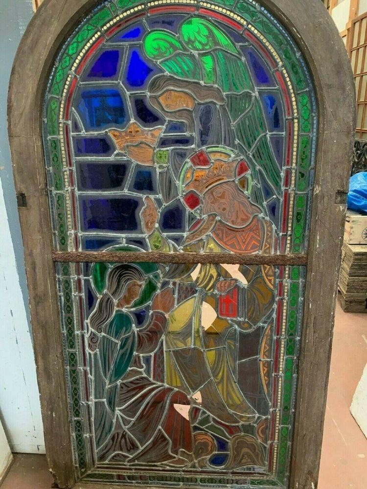 Stained glass panel depicting a 19th-century coronation