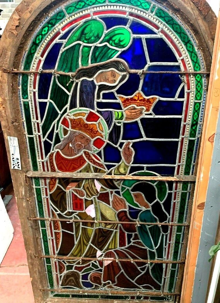 Stained glass panel depicting a 19th-century coronation
