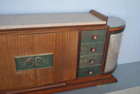 Truhe Art Deco Palisander Travertin Platte Eglomisé Glas