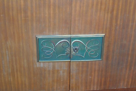 Truhe Art Deco Palisander Travertin Platte Eglomisé Glas