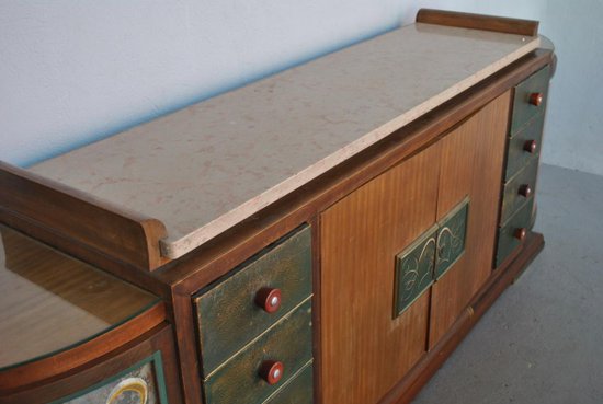 Truhe Art Deco Palisander Travertin Platte Eglomisé Glas