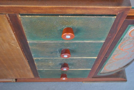 Truhe Art Deco Palisander Travertin Platte Eglomisé Glas