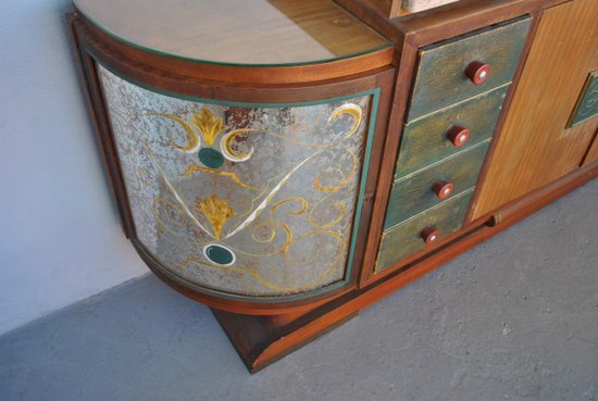 Truhe Art Deco Palisander Travertin Platte Eglomisé Glas