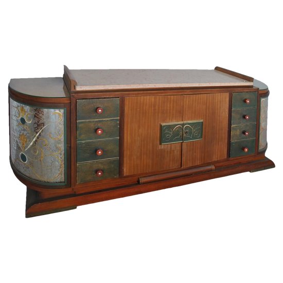 Truhe Art Deco Palisander Travertin Platte Eglomisé Glas