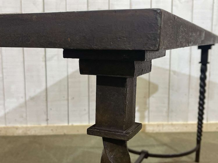 Wrought iron console table with a tiled earthenware top decorated with a seabed scene