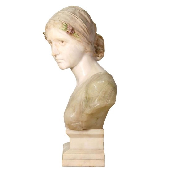 Buste De Jeune Femme En Marbre Et Albâtre