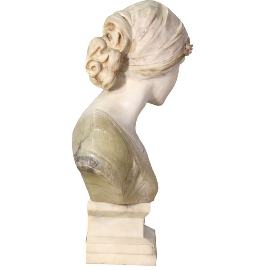 Buste De Jeune Femme En Marbre Et Albâtre