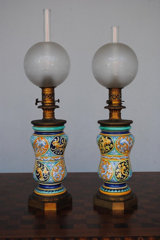 Pair Of Oil Lamps 1880 Italian Majolica