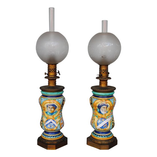 Pair Of Oil Lamps 1880 Italian Majolica