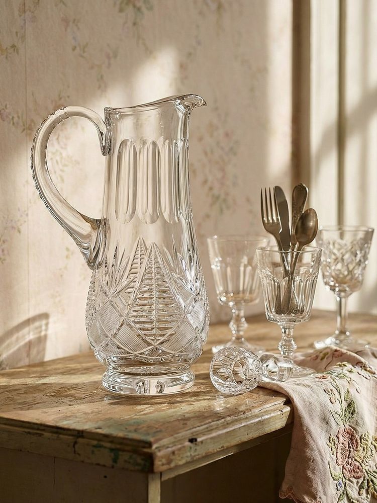 Large cut crystal water pitcher, European crystal makers, 20th century