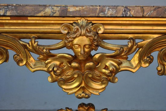 Grande Console Rocaille Bois Doré Marbre Romain XVIIème
